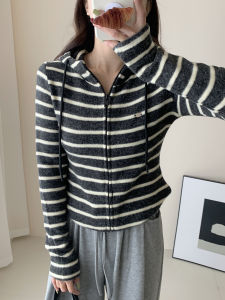 เสื้อสเวตเตอร์ฮู้ดลายทางย้อนยุคสไตล์เกาหลีสำหรับผู้หญิง XinmonLee เสื้อคลุมกันหนาวแบบลำลองอบอุ่นและรัดรูป