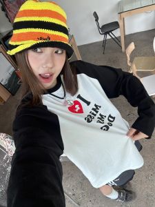 American Raglan Long Sleeves T-Shirt Men and Women Fall and Winter Dog Print Pure Cotton Color Contrast Patchwork Bottoming Shirt Loose Tops Ins