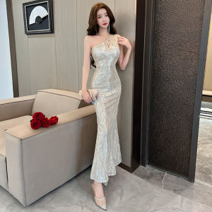 ชุดเดรสยาวหางปลาเซ็กซี่คอตั้งไหล่ด้านข้างประดับลูกไม้หรูหรา ชุดราตรีประดับเลื่อมสุดหรูสำหรับผู้หญิง ชุดเดรสยาวสไตล์เกาหลี