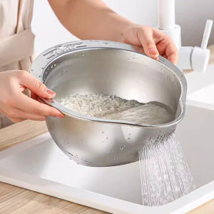 YESPERY Rice Washing Bowl Stainless Steel Drainage Basket Slanted Bottom Kitchen Vegetable Wash Basin Sieve Strainer Colander Basket Drain Rinse