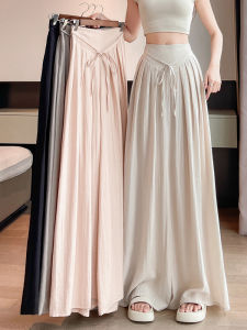 กางเกงขายาวทรงหลวมเอวสูงผ้าลินินไหมสีน้ำแข็งสำหรับผู้หญิงในช่วงฤดูร้อน 2025 กางเกงขายาวทรงหลวมบางใหม่