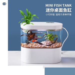 SG Mini Fish Tank external volume 4L Table Top Tank With Led Lights And Pump Feeding Port Design Aquarium Tank Volume 2.6L