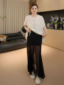 plus Size High Waist Mesh Chiffon Half Skirt Womens Summer Slimming Wrap around Skirt Korean Style A-Line Midi Skirt