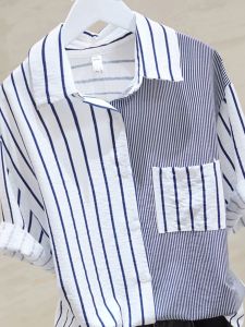 Brand Discount Womens Loose Striped Short Sleeve Shirt Korean Style Commute Straight Tube Button up Polo Collar Regular Length