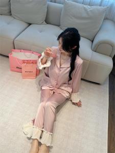 Womens Sleepwear Set Sweet Home Clothes Ice Silk Spring Autumn New Style 2024 Wooden Edge Ear Summer Ladies Home Suit