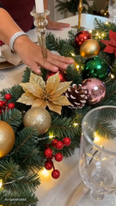 Pre-Lit Christmas Tinsel Garland with Artificial Flowers Berries Bows and Christmas Ball Ornaments Christmas Wreath Holiday Home Decor for Door Staircase Fireplace Mantel Xmas Tree Decor and Centerpiece Indoor Outdoor Christmas Decoration