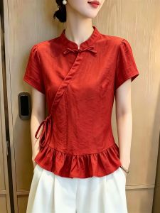 SHUAIYUE | Áo Blouse Tay Ngắn Màu Đỏ Phong Cách Trung Quốc Cổ Đứng Nút Ếch Xòe