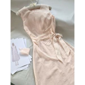 LIRUSHAN | French Bow Pink Linen Sleeveless Waist Cinching Short Dress
