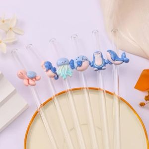 1/2/7PCS Marine Animal Glass Straws Reusable Bent Straws for Boba Tea Iced Coffee & Smoothies Beach Parties Cafes Holiday