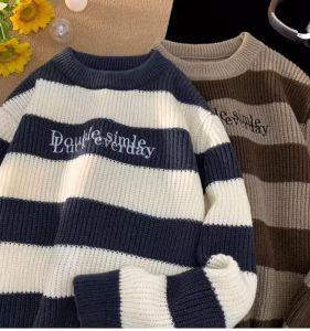 Retro Phong Cách Nam Áo Len Dệt Kim Có Cổ Tròn Thêu Sọc Trắng Đen Dày Mùa Đông Áo Sơ Mi Dệt Kim Dành Cho Thanh Thiếu Niên