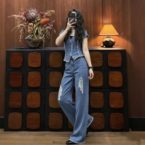 LIANGYILAILIN | Vintage Sleeveless Denim Suit