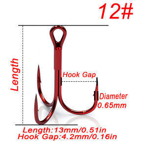 FishTrip 25-100pcs Red Treble Hook Round Bend Sharp Barbed Treble Hook High Carbon Steel Triple Hooks for Bass Trout Saltwater