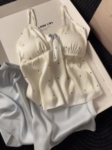 French Sweet Polka Dot Pijama with Bra Pad and Ice Silk Suspender Sleepwear for Women Girl Summer New Breathable Satin Home Suit Set