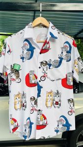 View Vi Shop แมวคู่ เสื้อเชิ้ตวินเทจ ผ้าไหมอิตาลีใส่สบาบไม่ต้องรีด เสื้อเชิ้ตแขนสั้นแฟชั่นวัยรุ่น