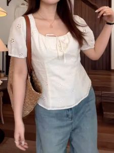 plus Size French Sweet Spicy Square Collar Short Sleeve Shirt Women Summer Slimming Top Waist Cinched Floral Print Blouse