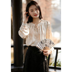 Export Big Brand Big Sale Light and Shadow Circulation Delicate Silky Acetate National Style Jacquard round Neck Long Sleeves Small Top Womens Spring