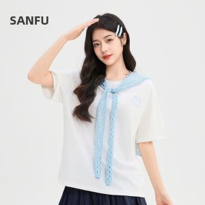 SANFU | Cute Embroidered Short T-shirt with Detachable Knitted Shawl