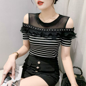 Yimei mùa hè tay ngắn cổ tròn hở vai gợi cảm hàng đầu cho phụ nữ 2023 đơn giản và đa năng mới Áo phông trắng cotton cá nhân và xinh đẹp của phụ nữ Quảng Châu T-Shirt