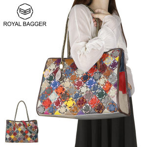 Royal Bagger Genuine Leather Floral Tote Bag Large Capacity Color Stitching Crossbody Bags Retro Satchel Purse for Women 1875