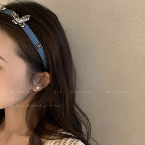 Butterfly Zirconia Denim Hairband Womens Style 2025 New Outdoors Versatile Hair Clip Headband Face Slimming High Cranial Hair Ornament