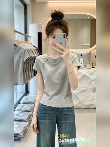 Ladies shoulder length short sleeved summer new round neck slim fit button fashionable loose casual T-shirt