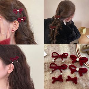 Korean Style Wine Red Small Bow Elegant Side Clip Elegant Christmas Hairclips for Women Girls Fashion Hair Accessory