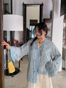 Jin Dazhi New Chinese Style Lace Shirt Women Long Sleeve V-Neck Large Size Top Commute Style Straight Cut Polyester 100%