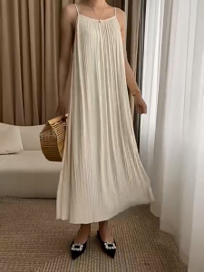 Women Casual Dress Plain Ruched Dress Korean Style Sleeveless Loose Slip White Dress