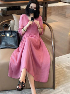 Elegant Chinese Style Summer New Loose Slimming High-end Pink Long Dress Casual Vacation Fashion Hemp Material round Neck A-line Skirt