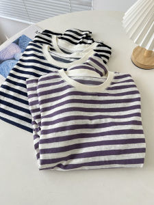 เสื้อยืดแขนยาวผู้หญิงผ้าฝ้ายลายทางสีม่วง ทรงหลวม ทรงไหล่ ดีไซน์เกาหลี ทรงสลิมฟิต เสื้อผ้าทำงานสไตล์เกาหลี