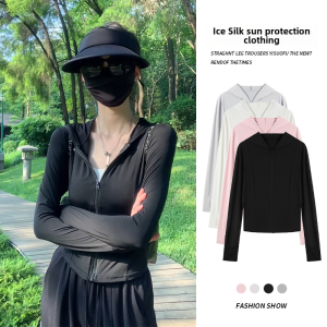 Black Summer Thin Ice Silk Cool Feeling Womens Sun Protection Clothing Quick Dry Outerwear UV Protection Breathable Slim Fit