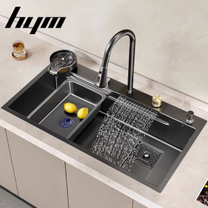 HYM SUS304 Stainless Steel Sink Kitchen Sink with Waterfall Pull-out Faucet Sink Drain&Basket