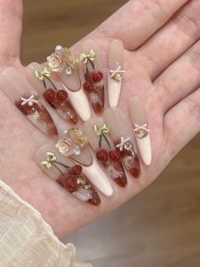 Nhựa Giả Móng Tay Kiểu Pháp Màu Nâu Trang Trí Trái Cây Và Thắt Lưng Bướm Mùa Thu Đông Mới Pha Trộn Màu Trắng Dễ Thương