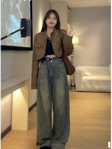 เสื้อแจ็คเก็ตมอเตอร์ไซค์สไตล์ฮ่องกงฤดูใบไม้ผลิและฤดูใบไม้ร่วงสำหรับผู้หญิงไซส์ใหญ่ ทรงหลวม สไตล์อเมริกัน เสื้อคลุมกันหนาวแบบสั้น