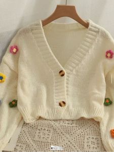 Loose Long Sleeve Button Cardigan Womens Casual Style Comfortable Fit V-Neck Short Length Open Front Sweater for Young Women