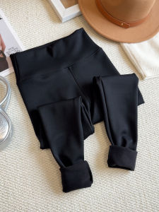 Womens Fleece Lined Sharkskin Yoga Pants High Waist Nine Points Cotton Trousers Thick Warm Slimming Fitness Trousers