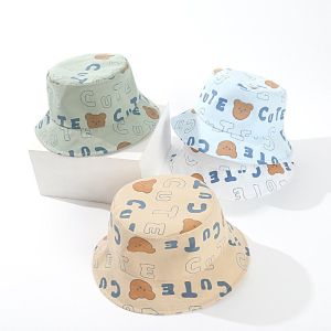 Cartoon Bear Print Baby Hat Cute Infant Toddler Flat Top Bucket Hat For Boys Girls Outdoor Sunshade Fisherman Cap