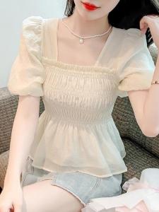 NUANKONG | Square Neck Puff Sleeve Retro Slimming Blouse Set 3pcs