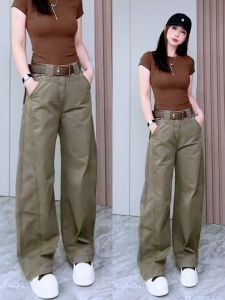 American Retro Military Green Straight Leg Workwear Pants Womens Loose Wide Leg Casual Jazz Pants High Waist Zipper Polyester Fiber