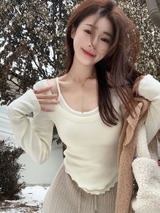 Áo Thun Nữ Dài Tay Thời Trang Thu Đông Sang Trọng Lịch Sự Splice Crop Top Áo Thun Nữ Dáng Ôm Vừa Vặn Gợi Cảm Có Dây Đeo Cổ Cao