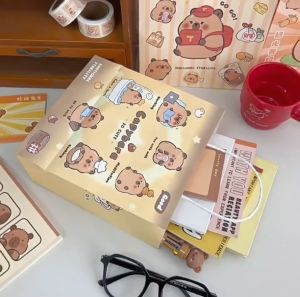 (READY STOCK) Capybara Beige Colour Paper Bag Large Capacity Easy Hand Carry Bag Canvas 卡皮巴拉卡通大容量环保子袋 beg capybara