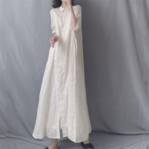 Autumn 2025 New Womens Artistic Loose Linen Long Shirt Dress Turn-down Collar Drifting Elegance Dress Casual Style A-line Skirt