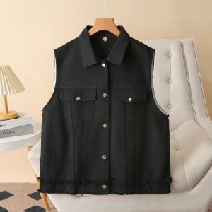 Casual Loose Womens Denim Vest Spring Autumn Fashion Turn-down Collar Workwear Frayed Hem Large Size Polo Collar Jacket