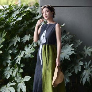 S·DEER | Váy Linen Nữ Không Tay Phối Màu Thắt Eo
