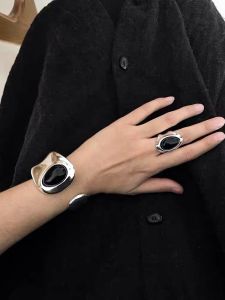 Elegant Wide Face Black Obsidian Open Hand Bracelet for Women New Chinese Style Luxury Minimalist High-End Feeling Bracelet