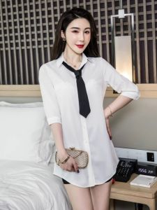 White Shirt Women Summer Thin Short Sleeve Chiffon Loose Long Style Korean Version Button Design Polo Collar Office Commute Wear