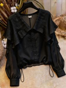 KUNAILIN | Luxury Style Ruffled Blouse with Puff Sleeves and Drawstring