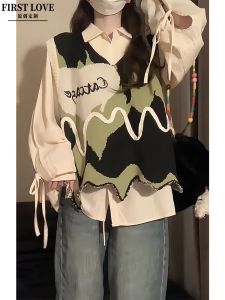 Laid-back Color Block Knitted Vest Top Layered Loose Polo Shirt Two-piece Set Sweet Cool Style Autumn Outerwear Ensemble