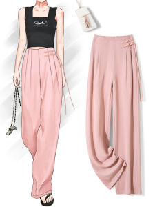 New Chinese Style High Waist Wide Leg Pants Womens Pink Summer High Fashion Straight Cut Suit Pants Soft Comfortable Polyester Fiber