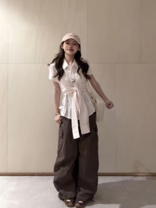 Áo Sơ Mi Nữ Tay Ngắn Thắt Eo Phong Cách Retro Mỹ Màu Hồng Thời Trang Mùa Hè Gợi Cảm Thắt Nút Bướm Áo Thun Thường Ngày Chống Tia UV